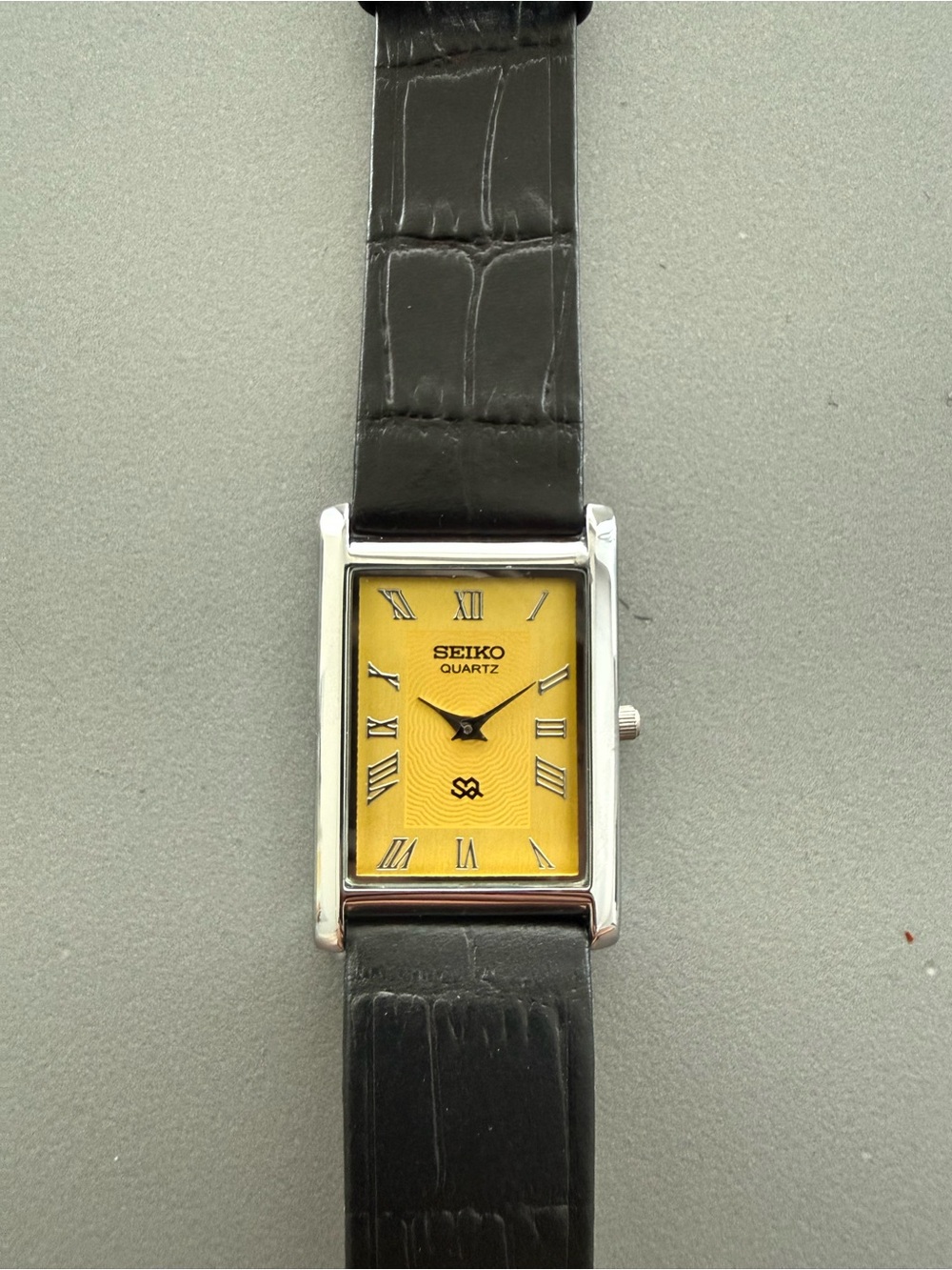 Seiko Men’s Rectangular Watch with Yellow Dial and Black Strap